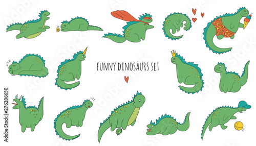 Vector set of funny colored dinosaurs in different poses. Comic dino concept in cartoon style. Doodle drawing of sarcastic reptiles.