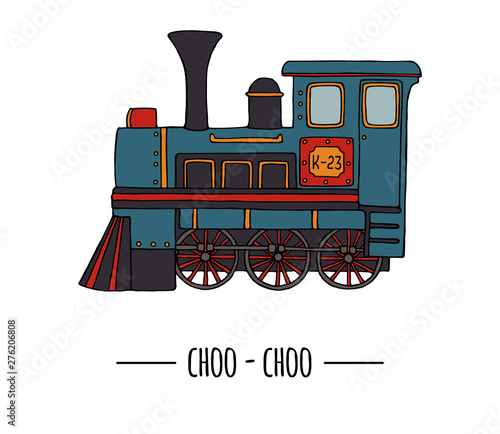 Vector illustration of retro engine. Vintage train clip art isolated on white background. Cartoon style picture of old means of transport for children.