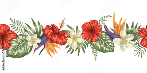 Vector seamless pattern brush of green tropical leaves with plumeria, strelitzia and hibiscus flowers on white background. Summer or spring tropical border. Exotic jungle ornament..