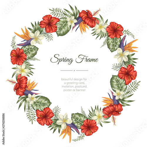 Vector frame template with tropical leaves and flowers on white background. Vertical layout card with place for text. Spring or summer design for invitation, wedding, party, promo events..