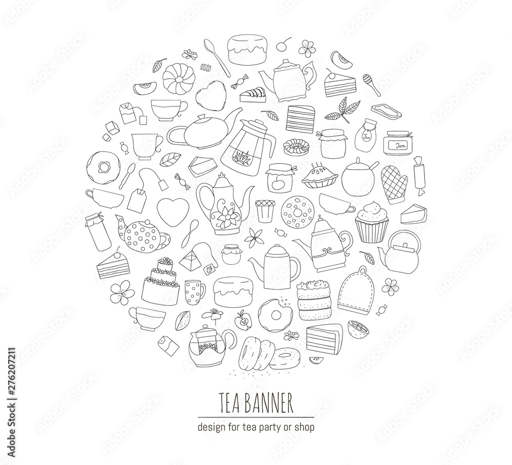 Vector illustration of black and white teapots, pies, sweets, cakes framed in circle. Line art tea set. Tea themed concept. Frame with kettles and kitchen equipment.