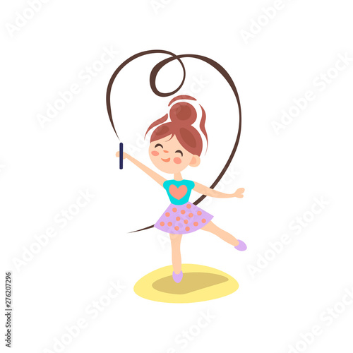 Young ballerina in motion. Rhythmic gymnastics. Teenage sport, healthy teen lifestyle. Pretty girl with flying ribbons, dance on white background, ballet concept, cartoon vector illustration