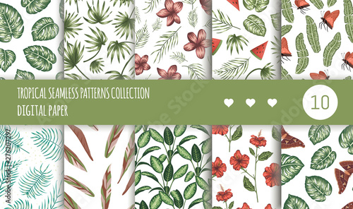 Vector tropical seamless patterns collection. Summer or spring repeat tropic backdrops set. Trendy exotic jungle ornaments..