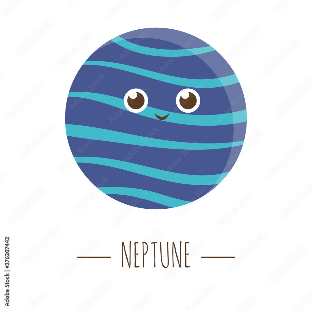 Vector Neptune illustration for children. Bright and cute flat picture of smiling planet isolated on white background. Space concept. . Vector Neptune illustration for children. Bright and cute flat picture of smiling planet isolated on white background. Space concept. .