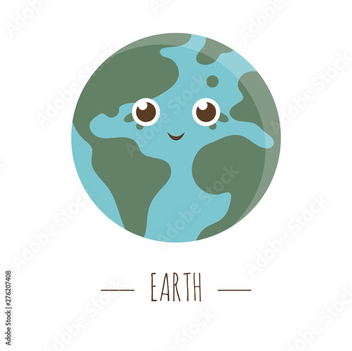 Vector earth illustration for children. Bright and cute flat picture of smiling planet isolated on white background. Space concept.  .