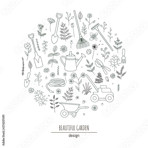 Vector set of black and white garden tools, flowers, herbs, plants. Collection of spade, shovel, rakes, wheel barrow, watering can, shears, lawn mower, hose, trowel, hand fork, framed in circle.