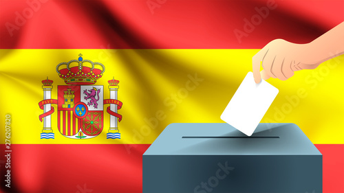 Male hand puts down a white sheet of paper with a mark as a symbol of a ballot paper against the background of the Spain flag, Spain the symbol of elections
