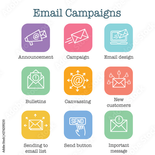 Email marketing campaigns icon set with email list, announcement, send button