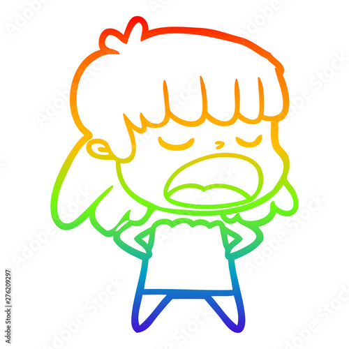 rainbow gradient line drawing cartoon woman talking loudly