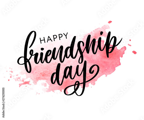 Vector illustration of hand drawn happy friendship day felicitation in fashion style with lettering text sign and color triangle for grunge effect isolated on white background