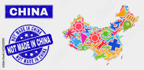 Mosaic industrial China map and Not Made in China stamp. China map collage composed with random bright equipment, hands, service elements.