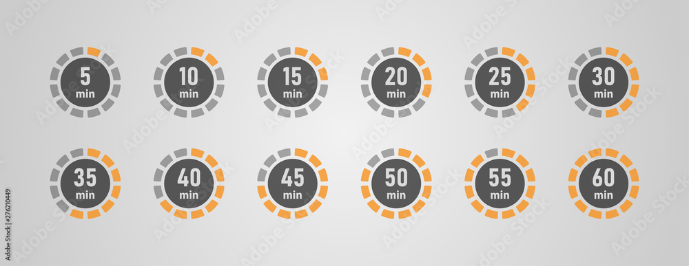 Timer icons set, twelve timer indicators from 5 minutes to 60 minutes, vector illustration. - obrazy, fototapety, plakaty 