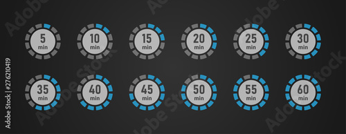 Timer icons set, twelve timer indicators from 5 minutes to 60 minutes, vector illustration.