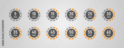 Timer icons set, twelve timer indicators from 5 minutes to 60 minutes, vector illustration.