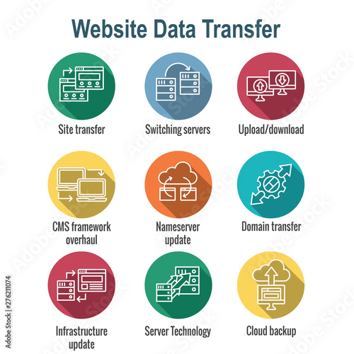 Website Data Transfer Icon Set with laptops, arrows, & imagery of transfer