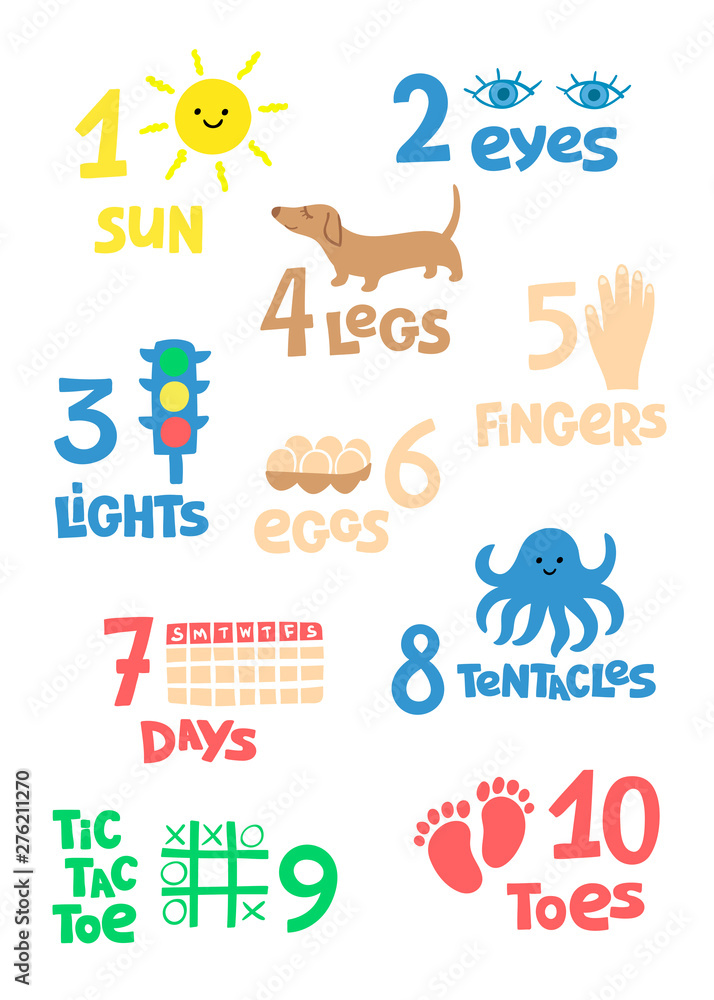 Numbers and counting practice printable poster, worksheet for pre school, kindergarten kids. Colorful   numbers flashcard for kids learning to count.