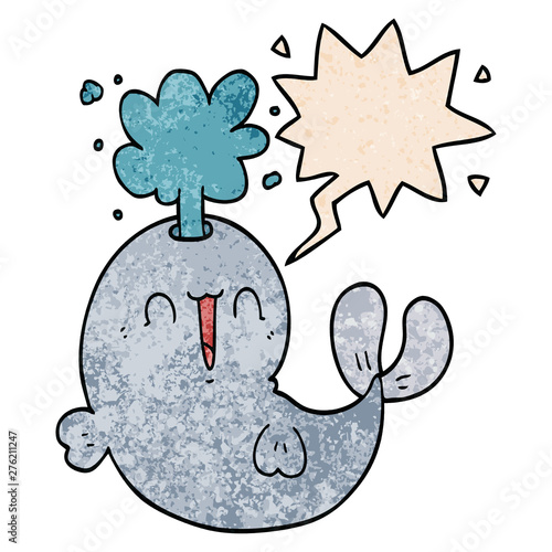cartoon whale spouting water and speech bubble in retro texture style