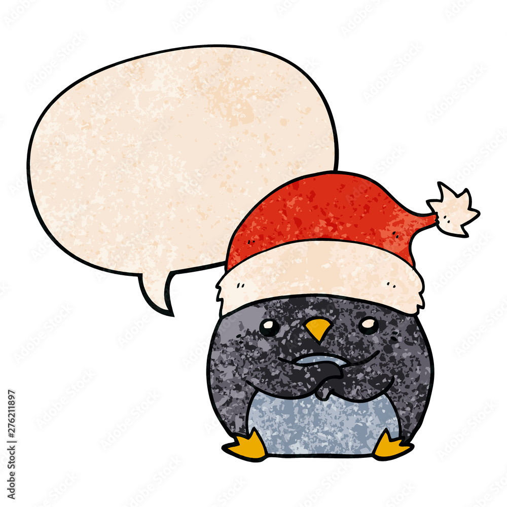 cute cartoon penguin wearing christmas hat and speech bubble in retro texture style cute cartoon penguin wearing christmas hat and speech bubble in retro texture style