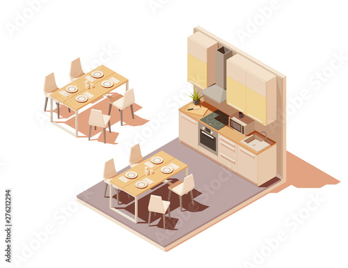 Vector isometric kitchen interior cross-section with island