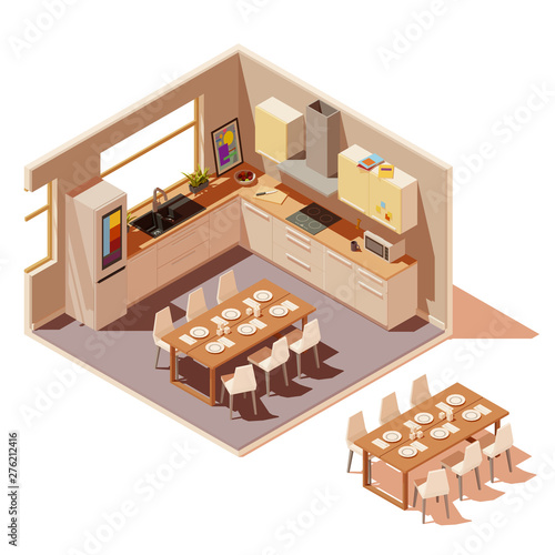 Vector isometric kitchen interior cross-section with island