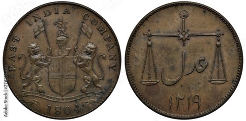 British East India Company copper coin 1 one pice 1804, Bombay Presidency, two lions with flags support shield with knight’s helmet on top, denomination in Arabic between bowls of weight,