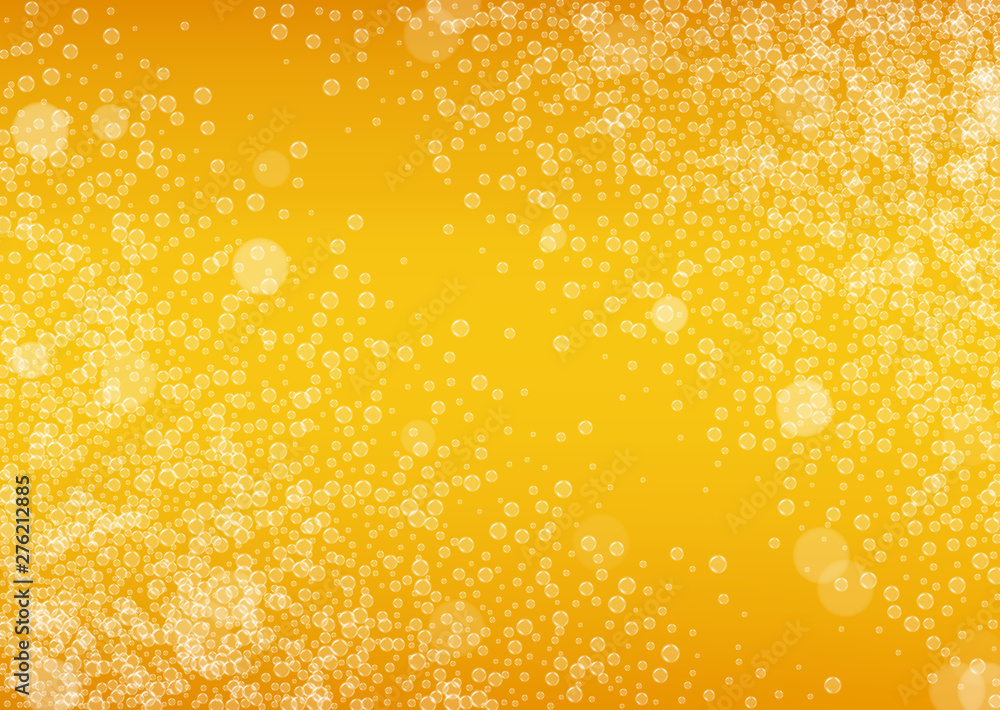 Lager beer. Background with craft splash. Oktoberfest foam. Pale pint of ale with realistic white bubbles. Cool liquid drink for bar menu template. Orange mug with lager beer.