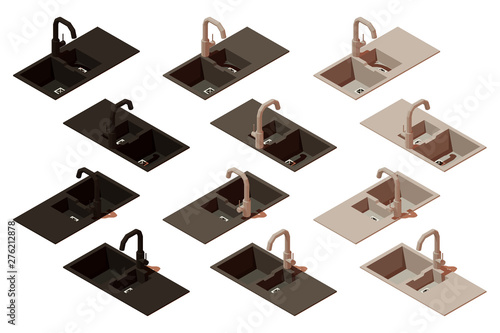 Vector isometric kitchen sink. Set of items to create a scene