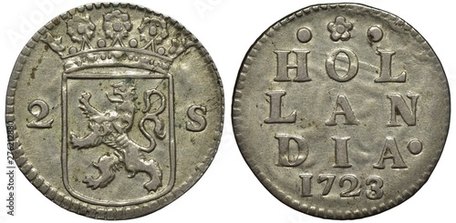 The Netherlands Dutch silver coin 2 two stuivers 1723, crowned shield with lion divides denomination, province name and date, photo