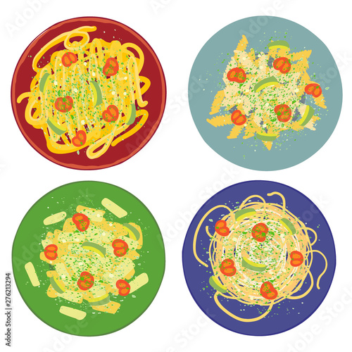 Pasta pesto with Spaghetti, penne, tagliatelle and fisilli on colored plates.