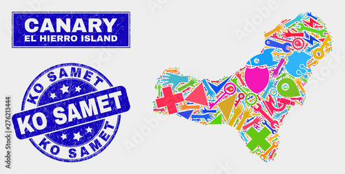 Mosaic tools El Hierro Island map and Ko Samet stamp. El Hierro Island map collage formed with randomized bright tools, palms, industry icons. Blue rounded Ko Samet seal stamp with unclean texture.