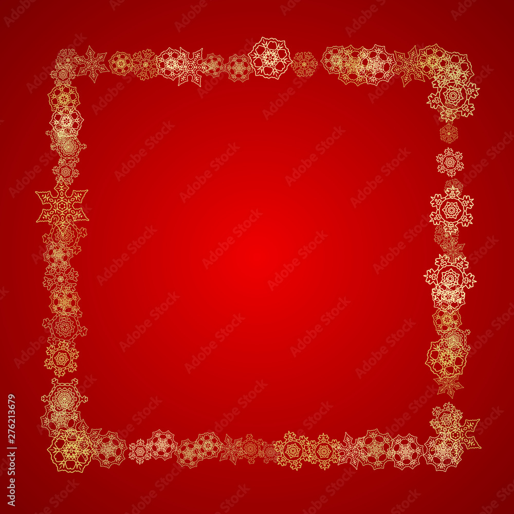 Fototapeta premium Christmas snowflakes on red background. Glitter frame for seasonal winter banners, gift coupon, voucher, ads, party event. Santa Claus colors with golden Christmas snowflakes. Falling snow for holiday