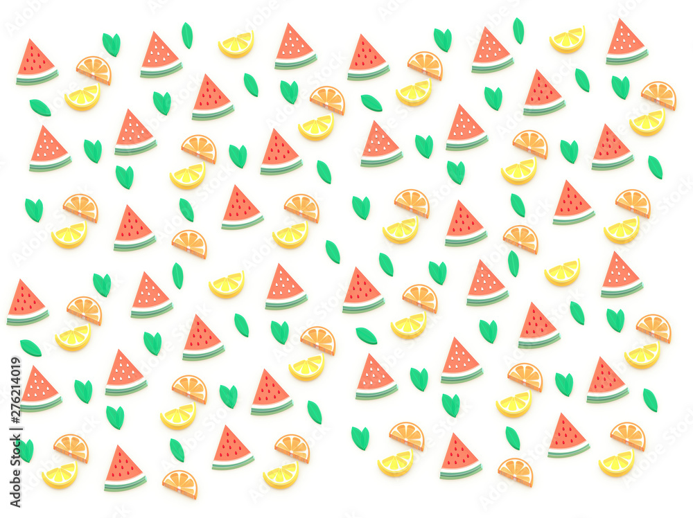 3D summer fruits, watermelon, melon, orange, lemon, grapefruit, lots of variety. Background composition.