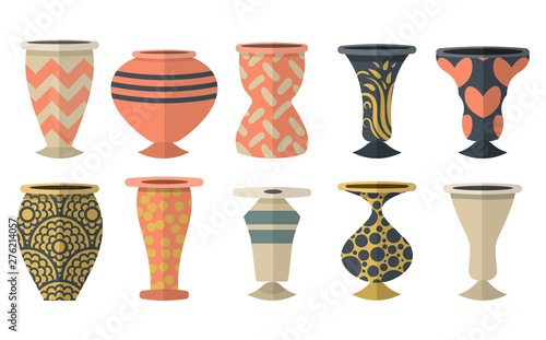 Set of flat ceramic vases with patterns, ornaments isolated on white background. Vector illustration. 