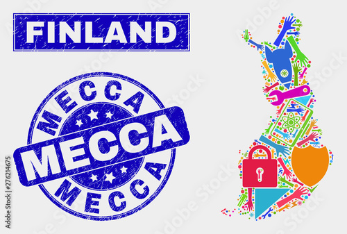Mosaic service Finland map and Mecca seal stamp. Finland map collage designed with scattered colorful tools, palms, security symbols. Blue round Mecca seal stamp with scratched texture.