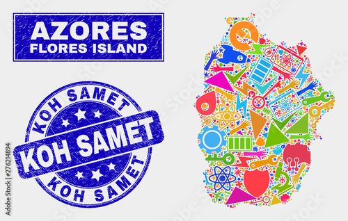 Mosaic tools Flores Island of Azores map and Koh Samet stamp. Flores Island of Azores map collage composed with random bright tools, palms, industrial icons.