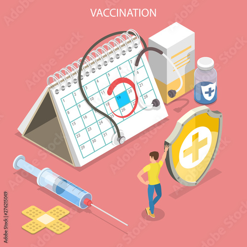 Isometric flat vector concept of vaccination campaign and healthcare, medical immunization.