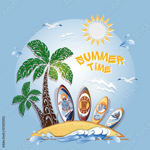 Composition for a postcard or promotional flyer with the inscription  On a blue background, an island with a palm tree, surfboards with Polynesian patterns, a stylized wave, seagulls and clouds. 