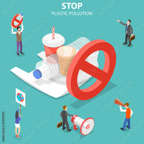Isometric flat vector concept of stop plastic pollution, polythene disposable garbage problem.
