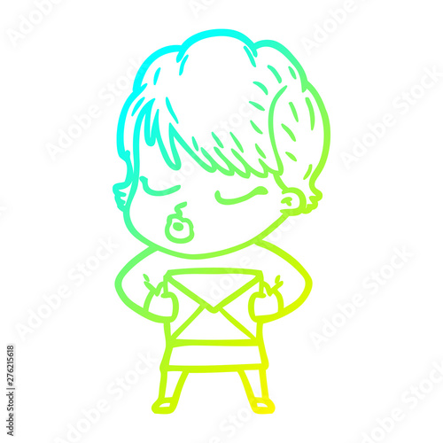 cold gradient line drawing cartoon woman with eyes shut