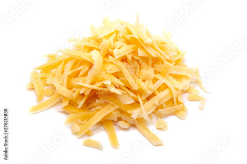 Delicious grated cheese on white background