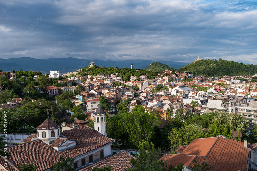 Panorama of Plovdiv city center from ancient fortress wall on top of the Nebet tepe Hill. Bulgaria