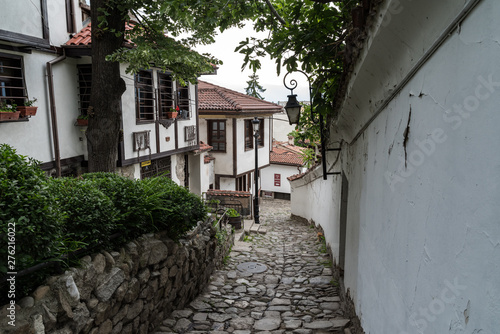  View of a narrow street in  historical part of  Plovdiv Old Town. Typical medieval colorful buildings. Bulgaria © smoke666