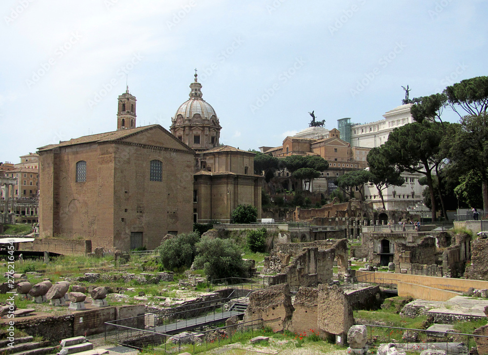 Panorama of the famous Roman Forum or Foro Roman in Rome, Italy