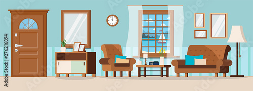 Cozy living room with furniture, closed door, window view of summer seascape and sailboat. Sofa, armchair, wall clock, mirror, coffee table, lamp, books, vase. Flat cartoon style vector illustration.
