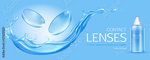 Contact lenses and solution bottle mock up on water splash background, ophthalmology equipment for vision disorder correction, soft breathable contact lens medical ad banner design Realistic 3d vector