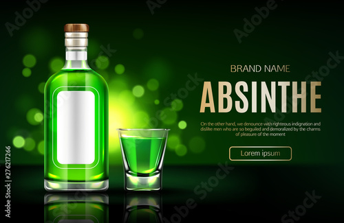 Absinthe bottle and shot glass mock up banner, blank flask with green liquid mockup, strong alcohol drink on dark blurred background advertising poster template design Realistic 3d vector illustration