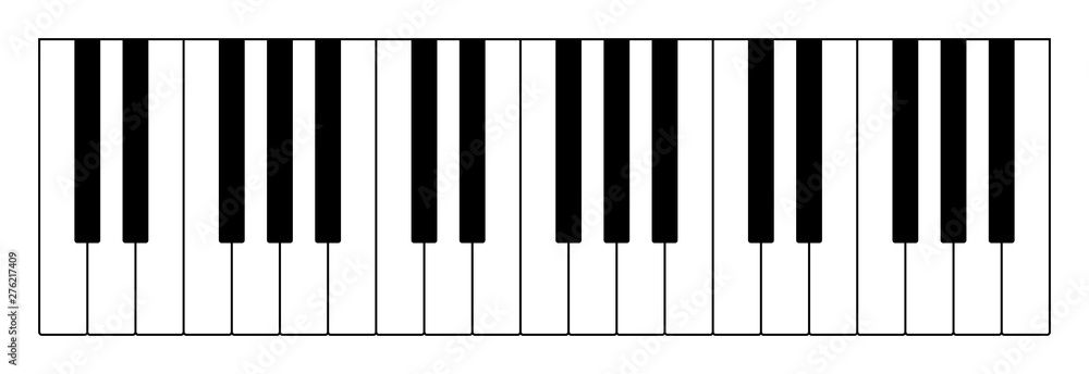 Fototapeta Three octaves on keyboard to play notes of Western musical scale. Twelve keys of an instrument are an interval of one octave, seven longer in white, five shorter in black color. Illustration. Vector.
