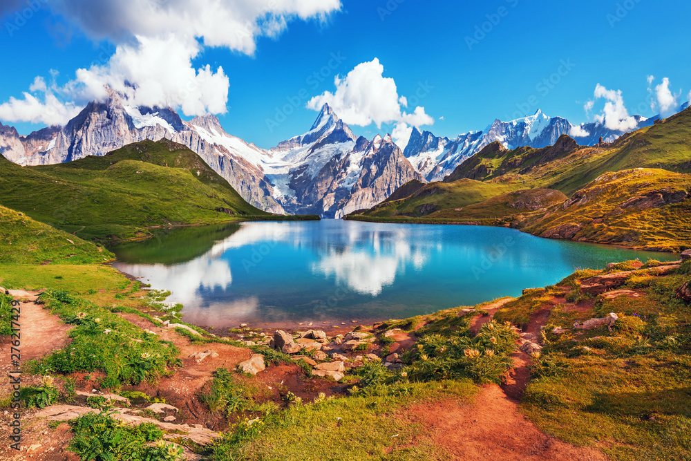 Scenic view on Bernese range above Bachalpsee lake. Popular tourist attraction. Location place Swiss alps, Grindelwald valley, Europe. 