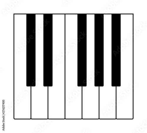 One octave on a keyboard to play notes of the Western musical scale. Twelve keys of an instrument, seven longer in white and five shorter in black color. Illustration on white background. Vector.