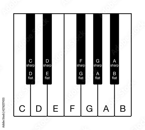 Twelve-tone chromatic scale on a keyboard. One octave of notes of the Western musical scale. Twelve keys from C to B with the names of the notes in English. Illustration on white background. Vector. photo